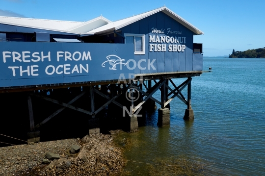 Mangonui fish and chips shop - The famous tourist restaurant sitting on stilts over the water - Northland, New Zealand