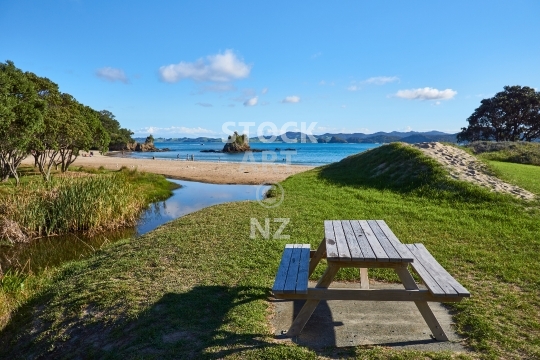 Picknick bench at Whangaumu Bay - Northland, New Zealand - Beautiful and inviting Wellingtons Bay beach on the Tutukaka Coast near Whangarei