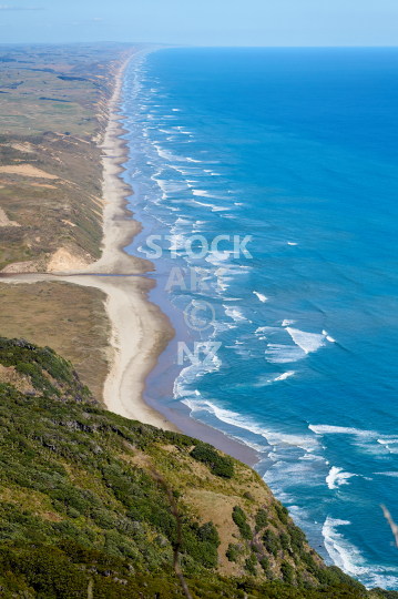 Proof of the curvature of the earth - No flat earth it seems looking down 107 km long Ripiro Beach from the summit of Maunganui Bluff in Northland, New Zealand