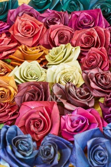 Putiputi - New Zealand flax weaving  - Flowers woven from flax, dyed and arranged as a background